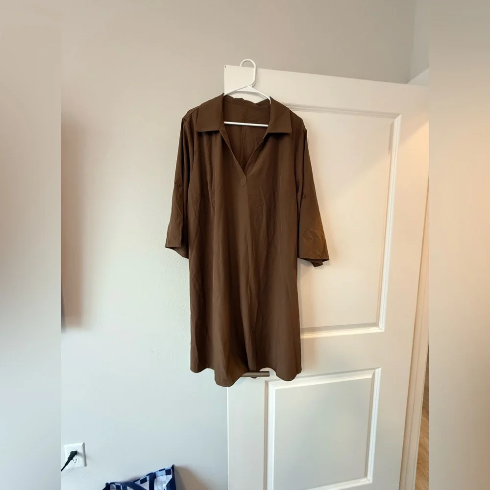 SHEIN Brown Collared V-Neck Midi Shirt Dress